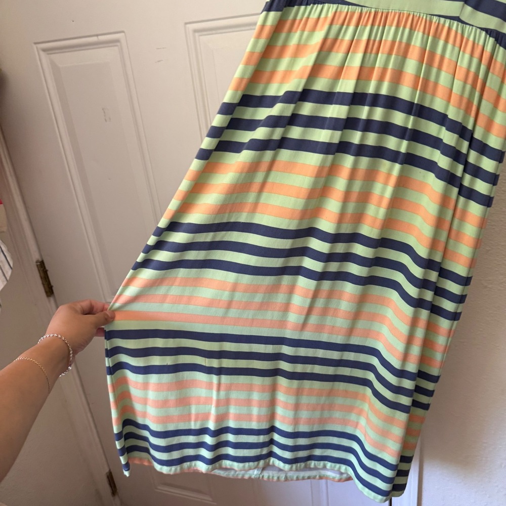 DUSEN DUSEN green navy orange striped rayon sleeveless midi dress - Picture 2 of 6